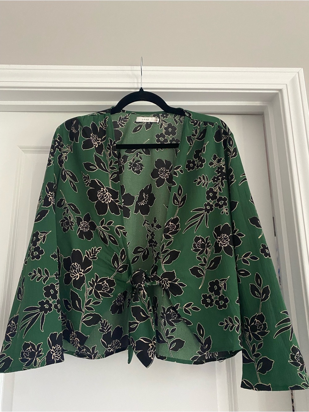 Lush Green Floral Blouse with Black Print